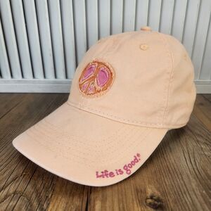 Life Is Good Women's Baseball Hat Peach Pink Peace Sign Embroidered Cotton Cap